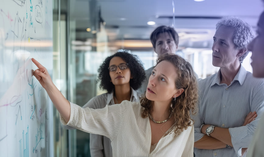A group of people standing around a whiteboard.