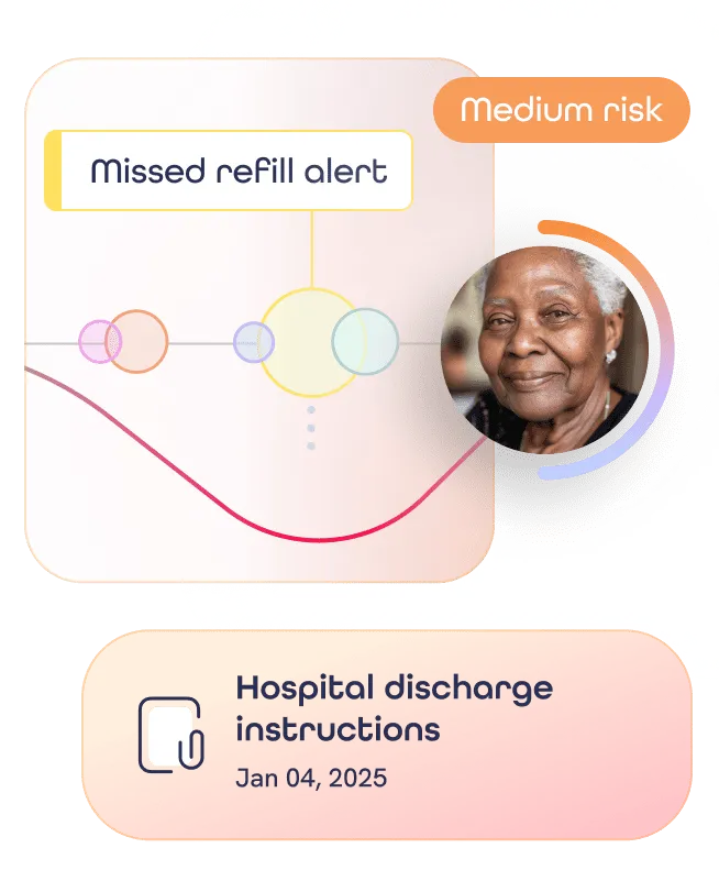 A picture of a woman with a medical alert label.