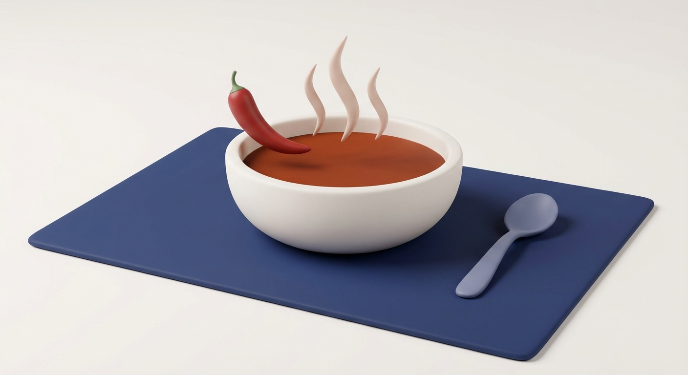 Warm spicy soup in a white bowl with a floating chili pepper and steam
