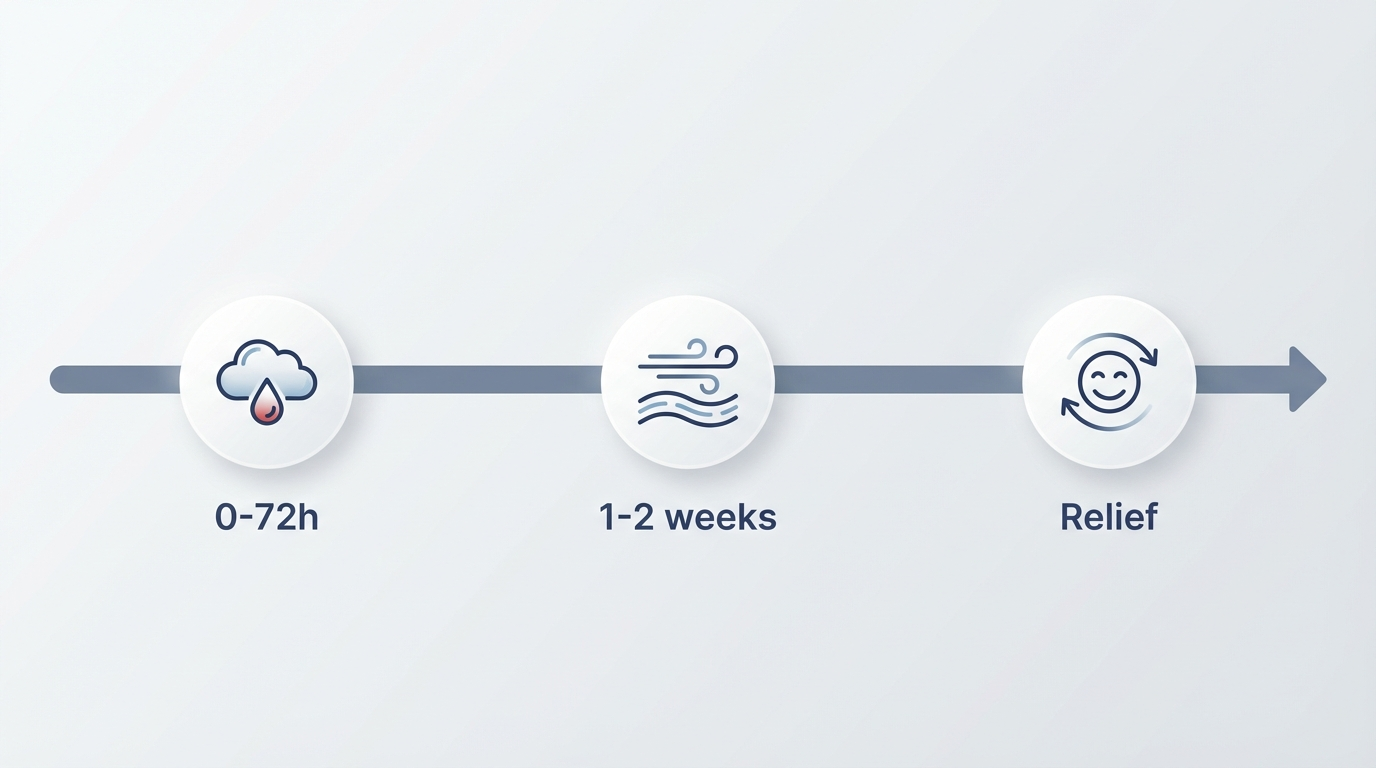 Recovery timeline with milestones 0–72h, 1–2 weeks, and relief