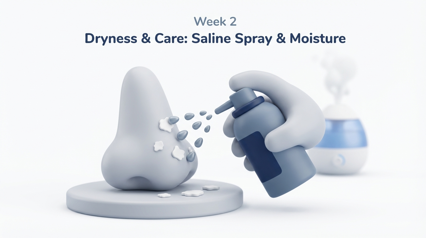 Week 2 dryness and saline care with humidifier in background