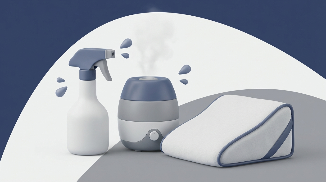 Conservative care items before surgery: saline spray, humidifier, and wedge pillow with droplets.