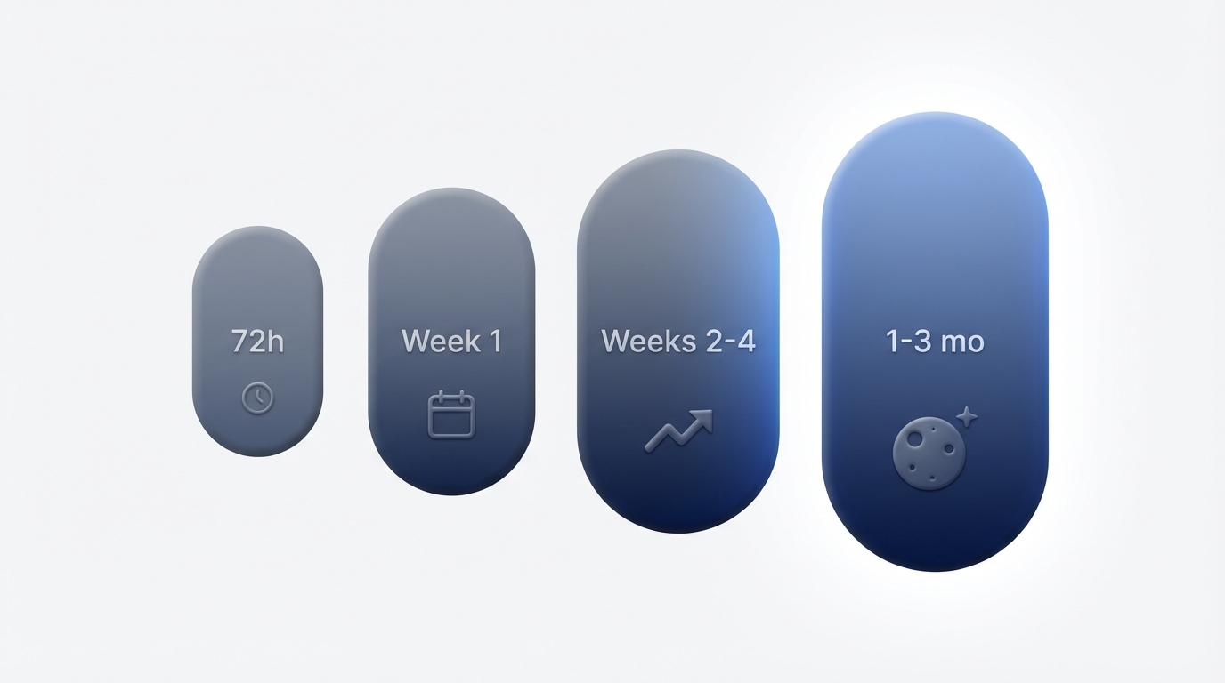 Recovery timeline with four capsules labeled 72h, Week 1, Weeks 2–4, 1–3 mo.