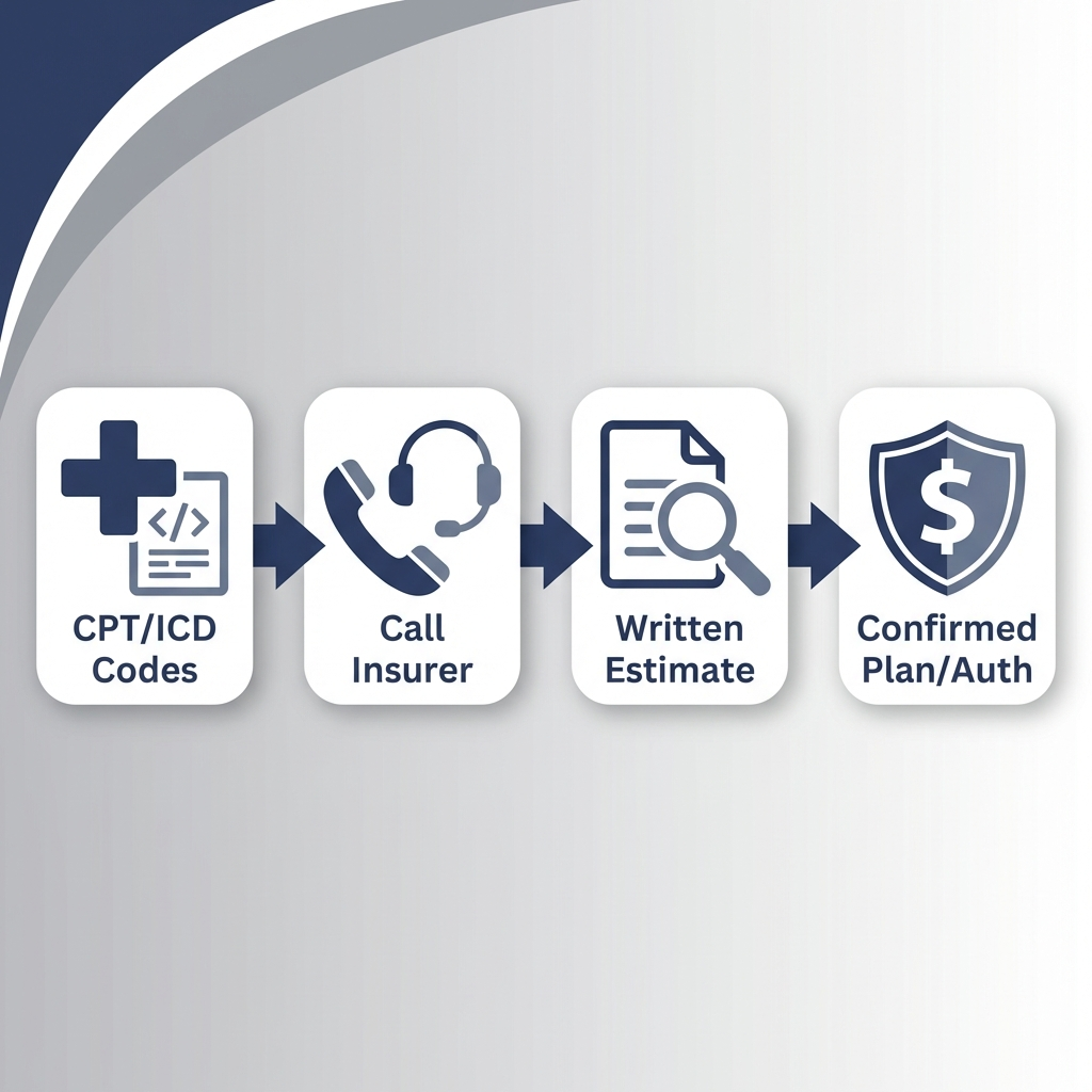 Four connected nodes: CPT/ICD codes, call insurer, written estimate, and confirmed plan/authorization.