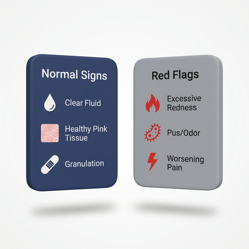 Cards comparing normal healing signs versus red flags