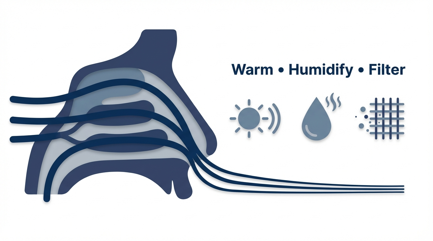 What turbinates do: airflow conditioning with warmth, humidity, and filtering icons