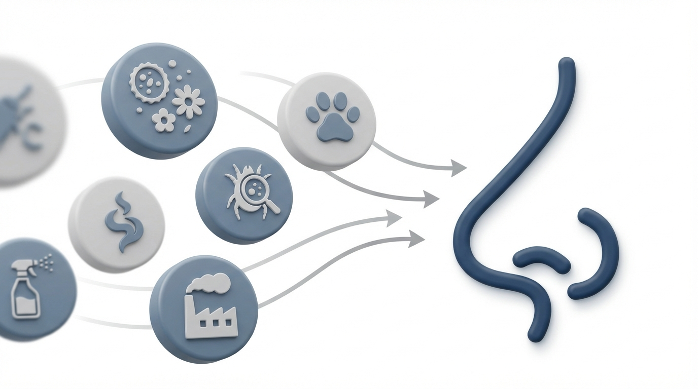 Common triggers for nasal swelling: pollen, pets, dust, smoke, sprays, pollution