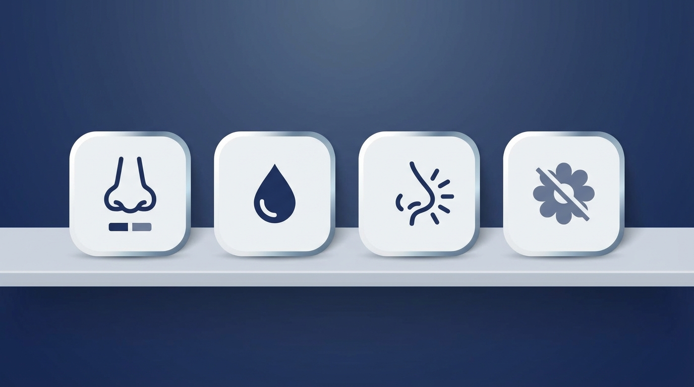 Common Symptoms tiles: congestion, drainage, pressure, reduced smell icons