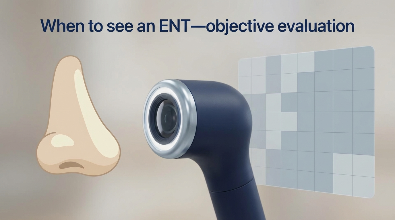 When to see an ENT: friendly nose character with endoscope and CT panel.