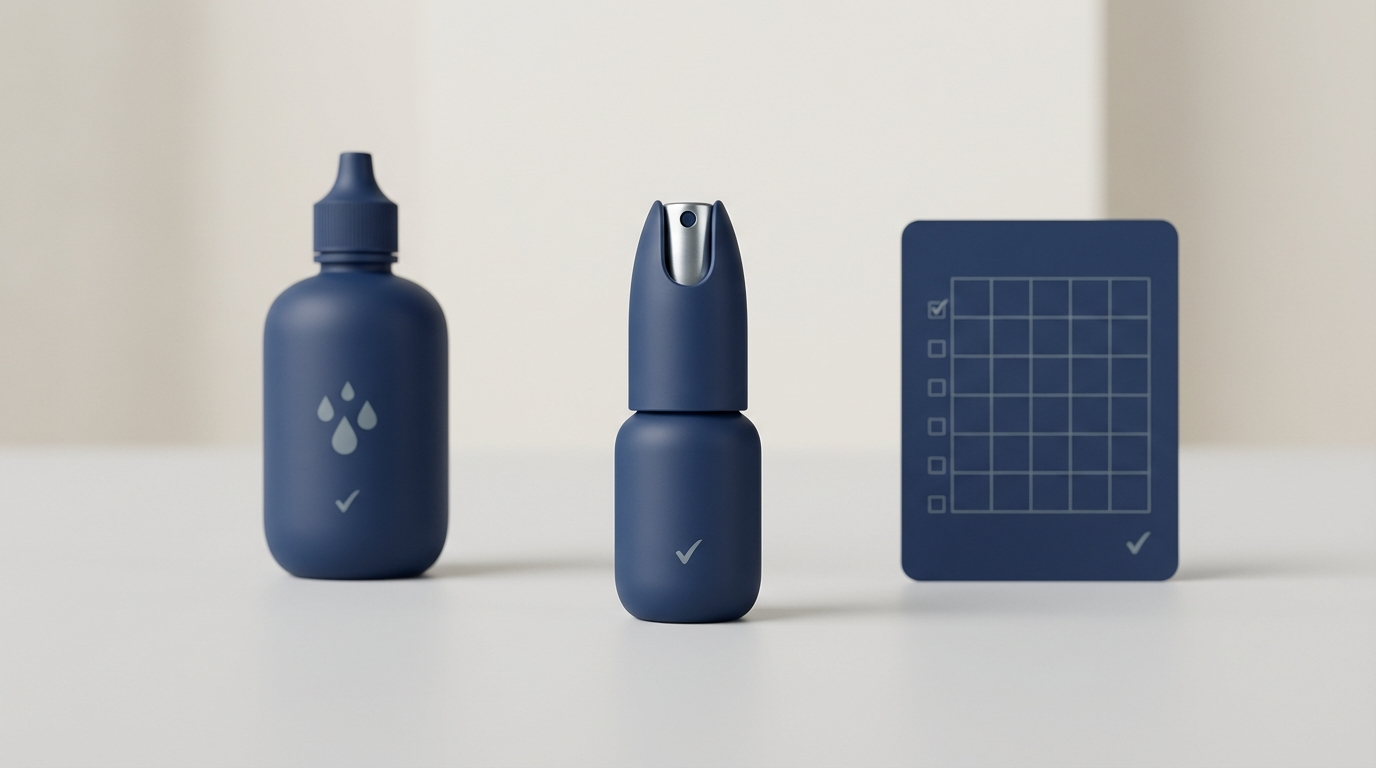 Core medical therapy: saline rinse, nasal steroid spray, and checklist, minimal product lineup.