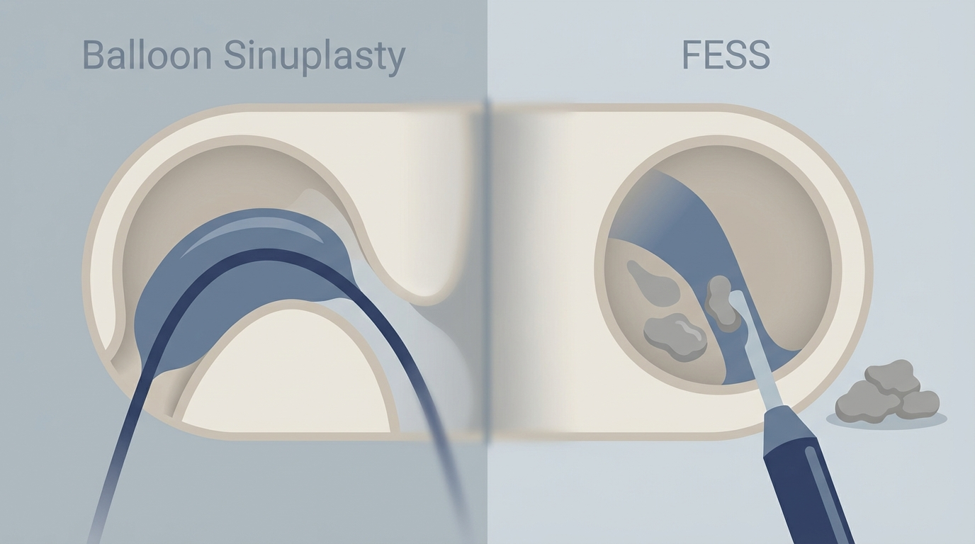 Procedures split-screen: balloon sinuplasty dilation vs FESS clearing obstructions.