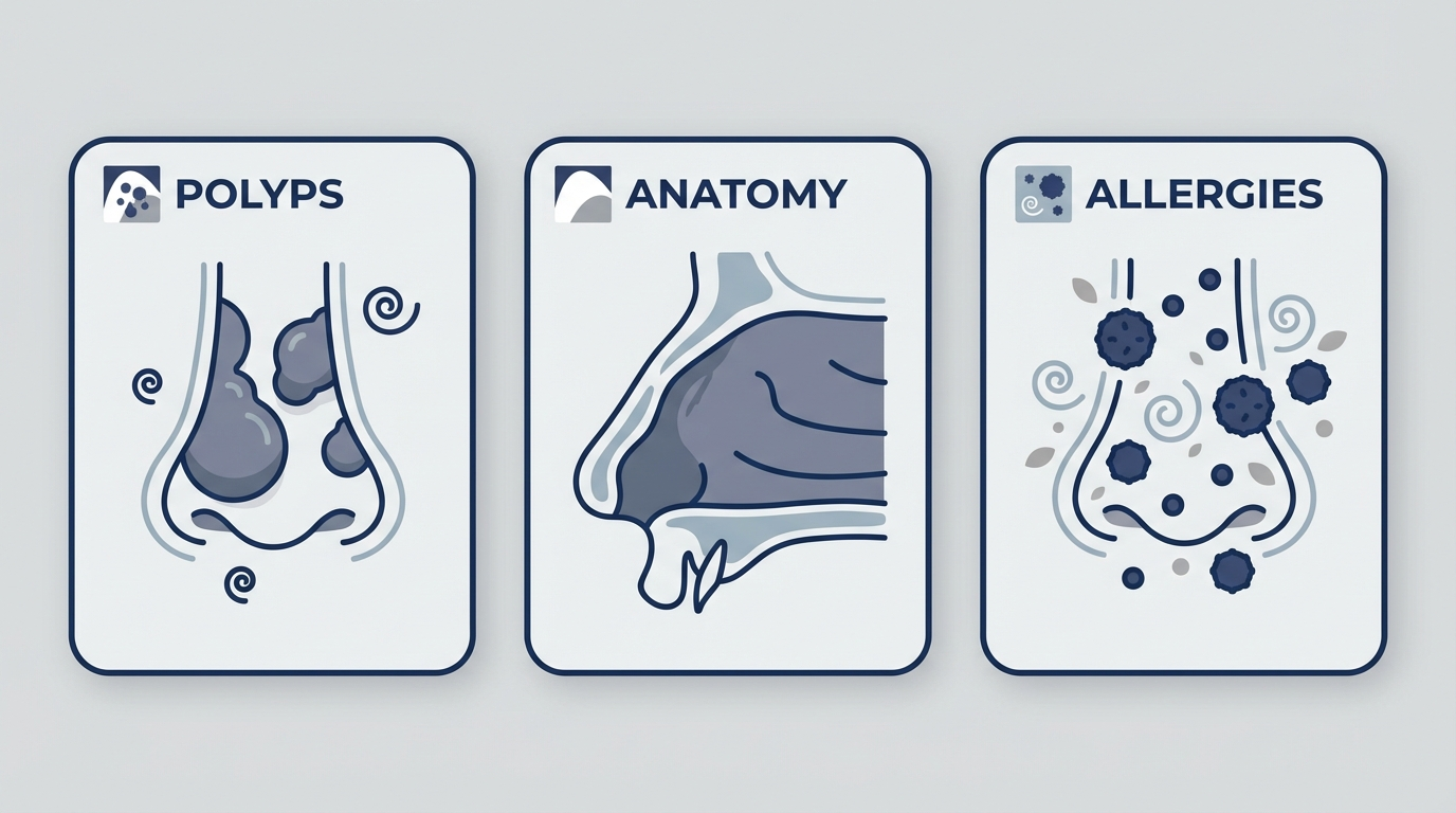 Why treatment fails: tiles showing polyps, anatomy issues, and allergy triggers.