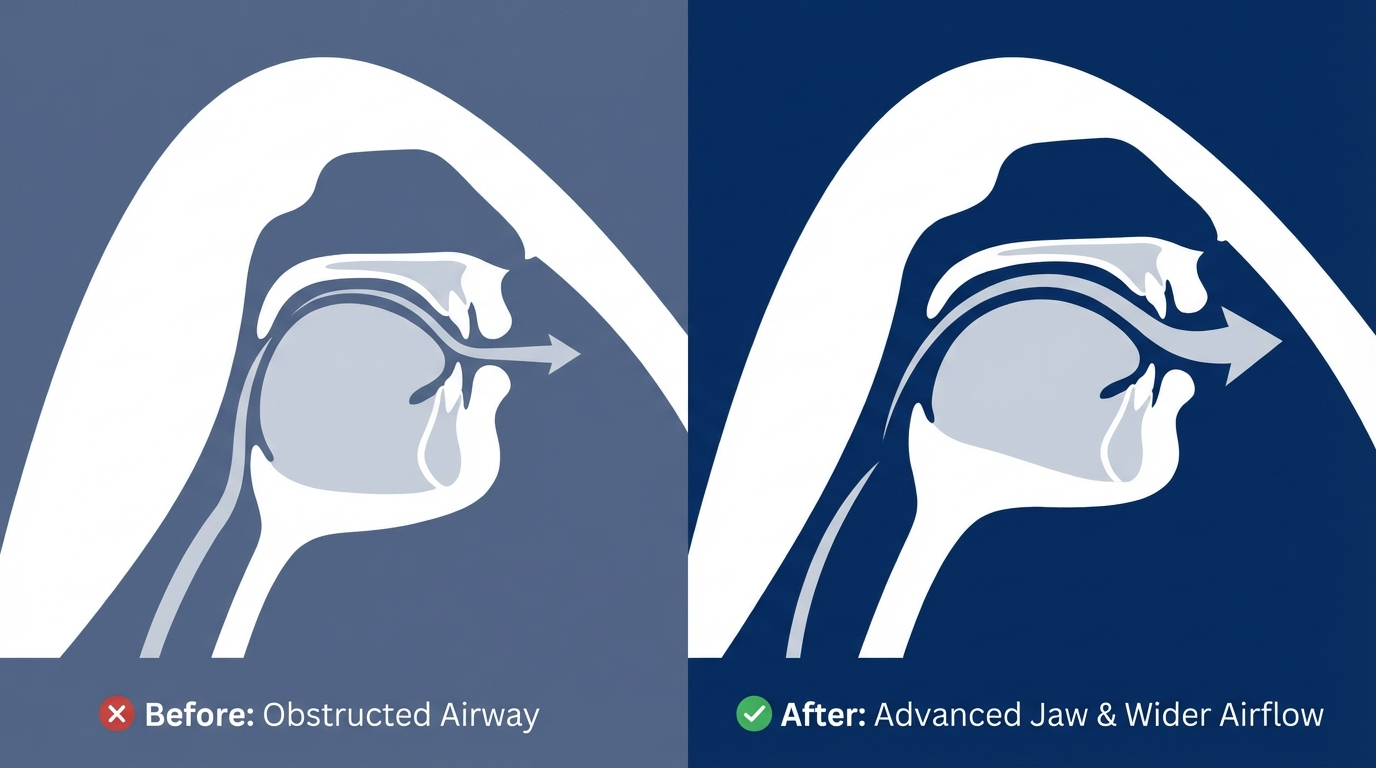 Before vs after airway cross-section with jaw advancement widening airflow