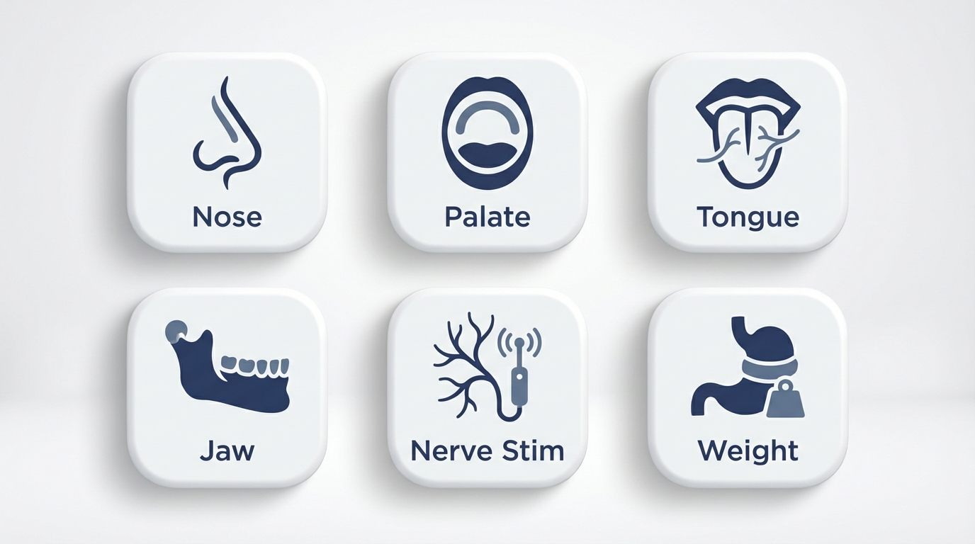 Overview of surgery categories: nose, palate, tongue, jaw, nerve stimulation, weight