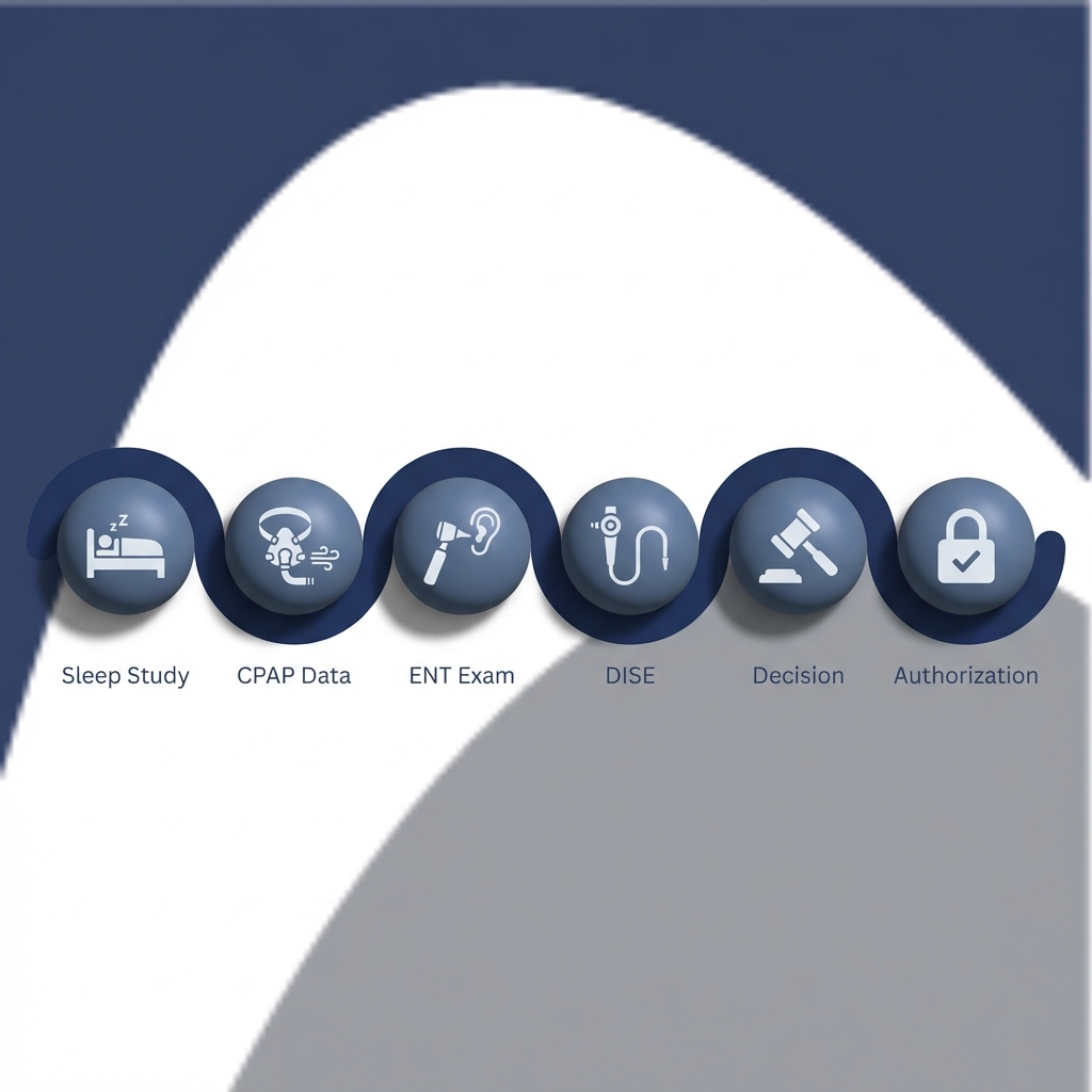 Six-step path: Sleep Study, CPAP Data, ENT Exam, DISE, Decision, Authorization