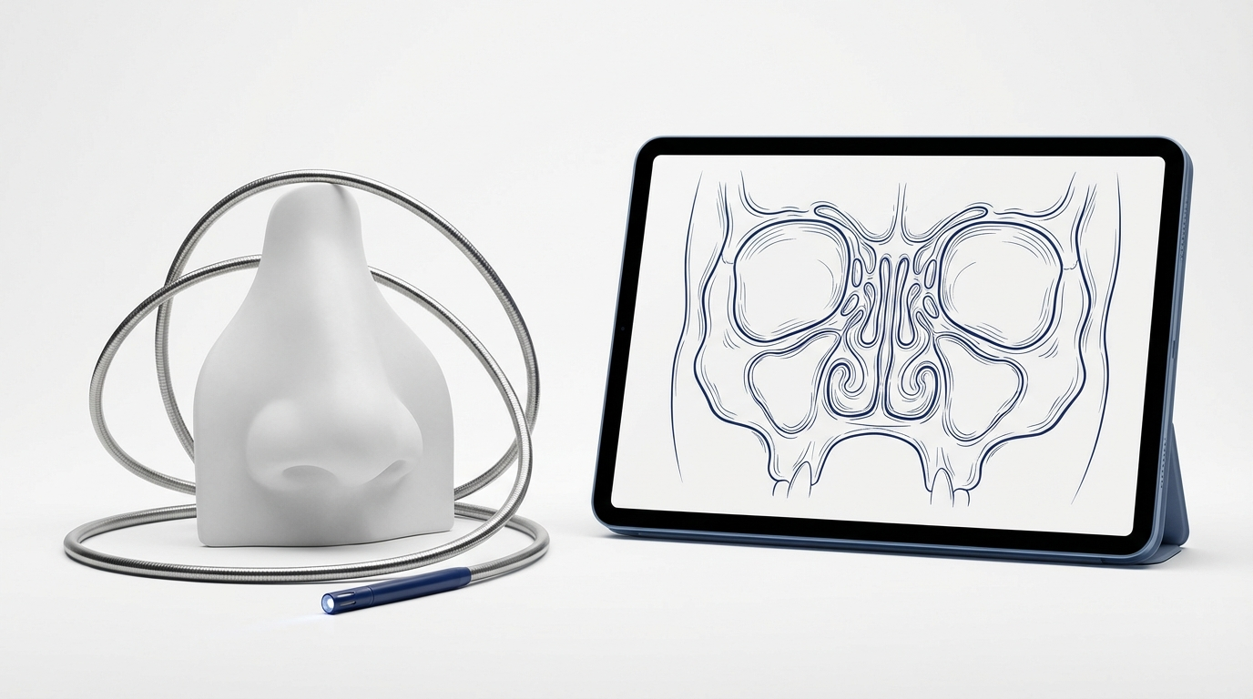 ENT evaluation tools: flexible endoscope and sinus CT on a tablet
