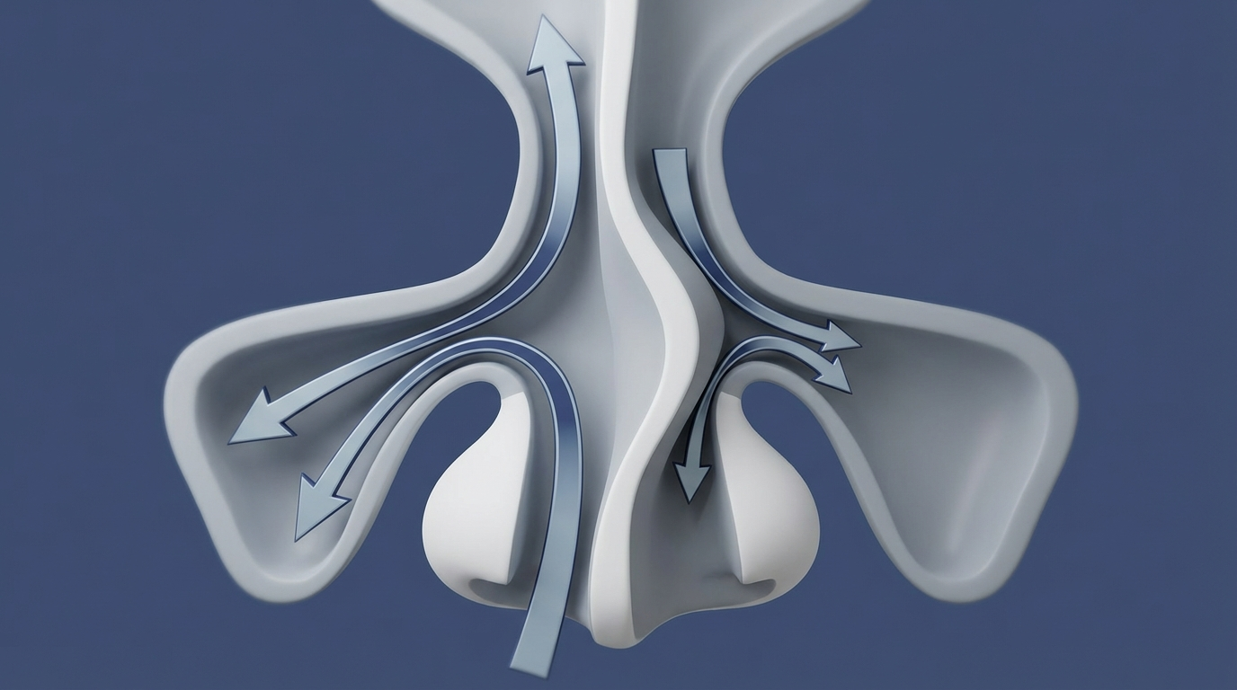 Stylized cutaway of nose showing deviated septum narrowing airflow and sinus drainage