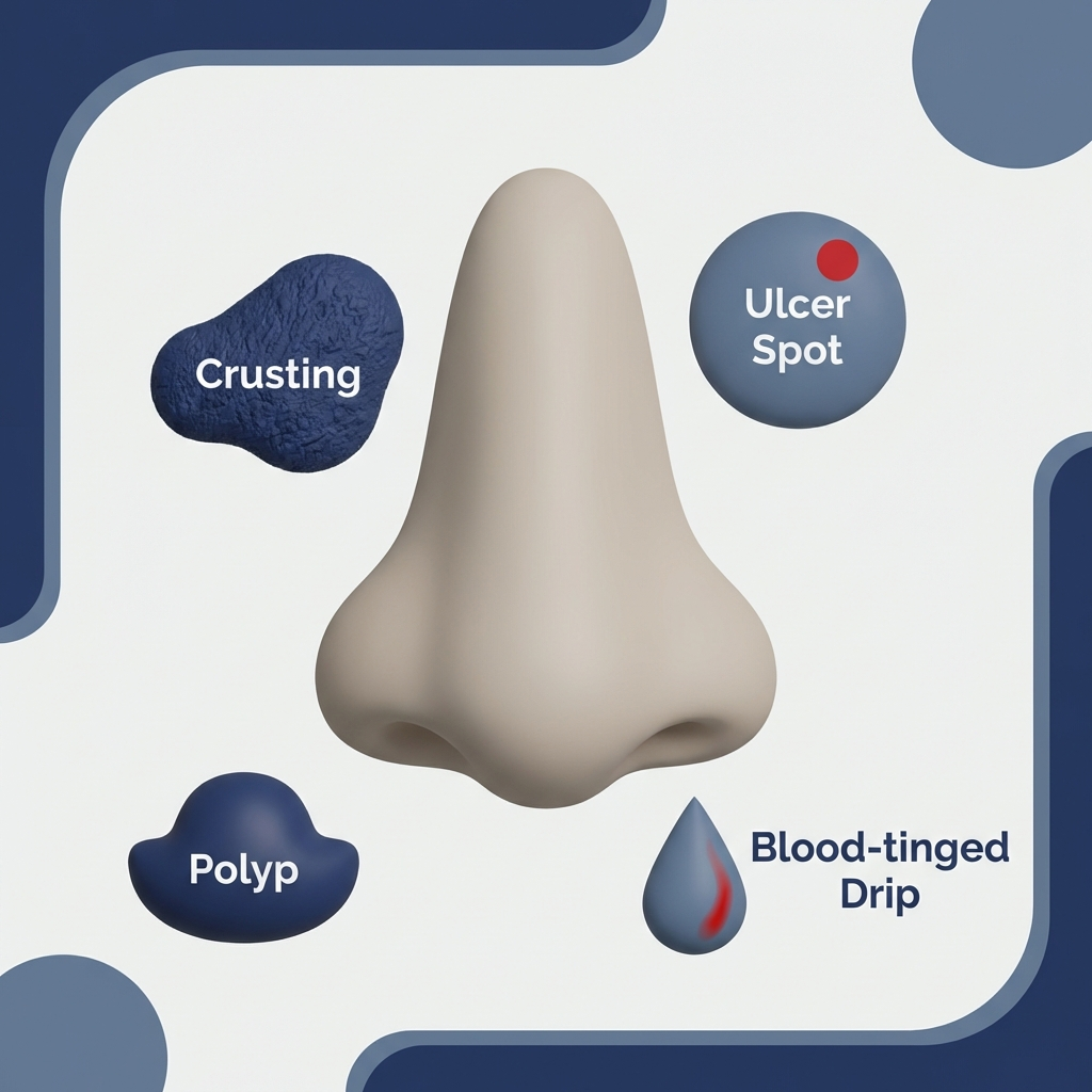 Nose with indicators of crusting, ulcer, bleeding, and polyp