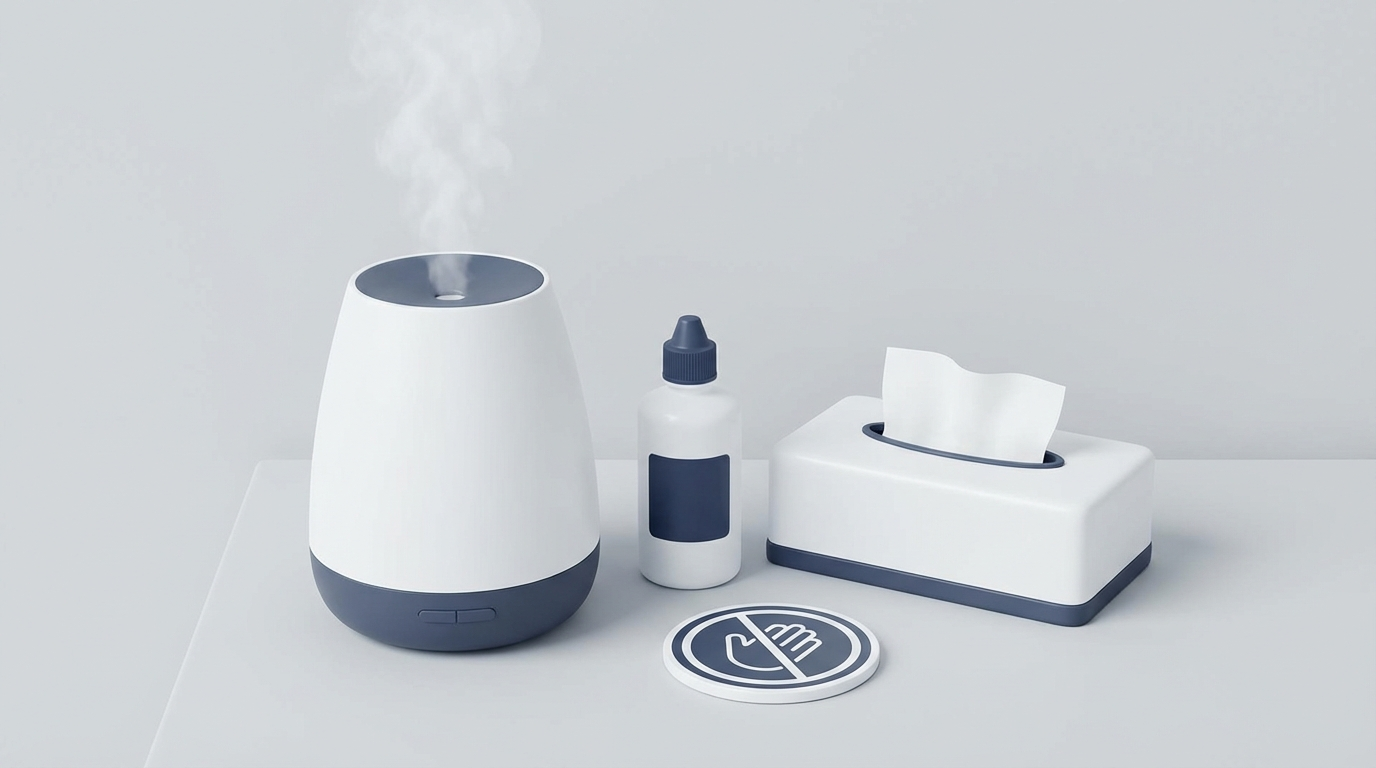 Self-care vignette: humidifier, saline rinse, tissues, and no-picking reminder