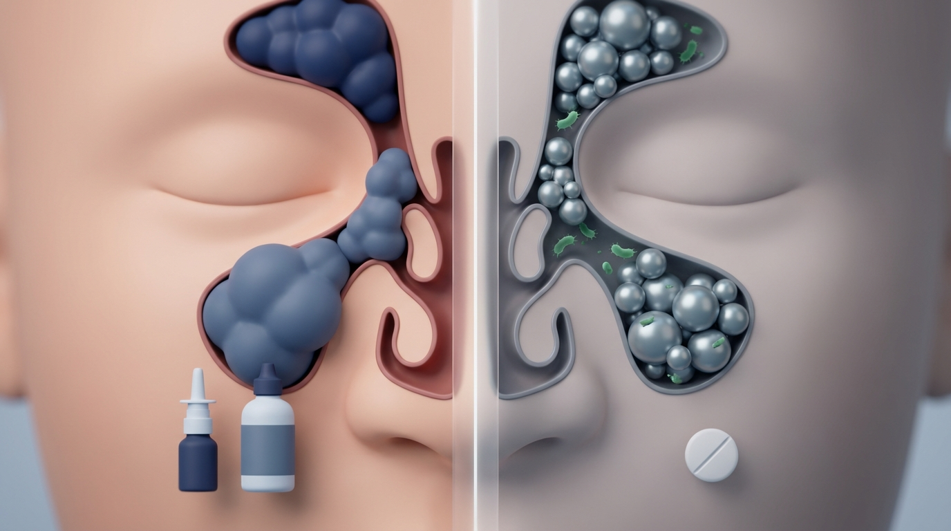 Split sinus scene contrasting inflammation and infection