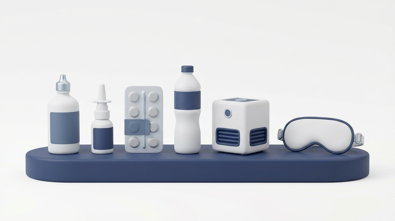 Treatment tools: saline, intranasal spray, pills, water, purifier, sleep mask