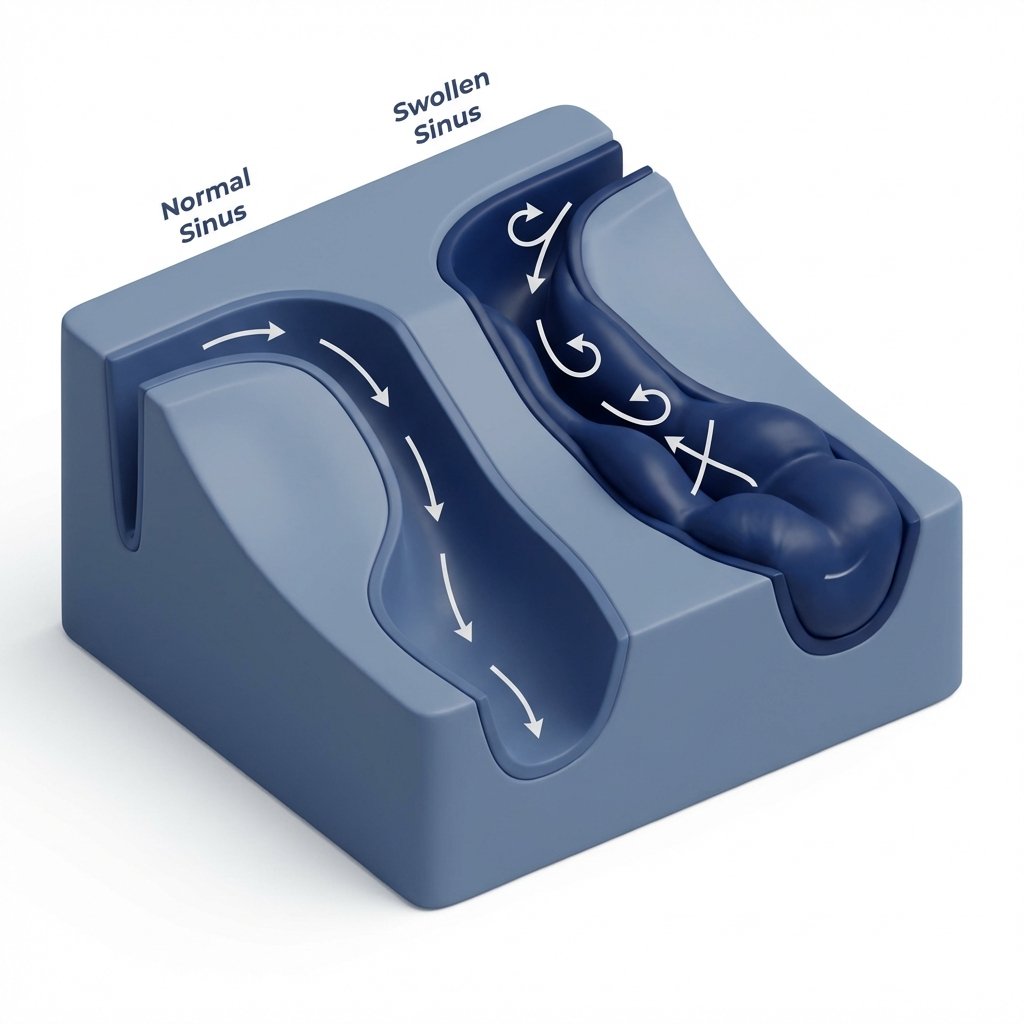 Cross-section of normal vs swollen sinus lining with drainage arrows.