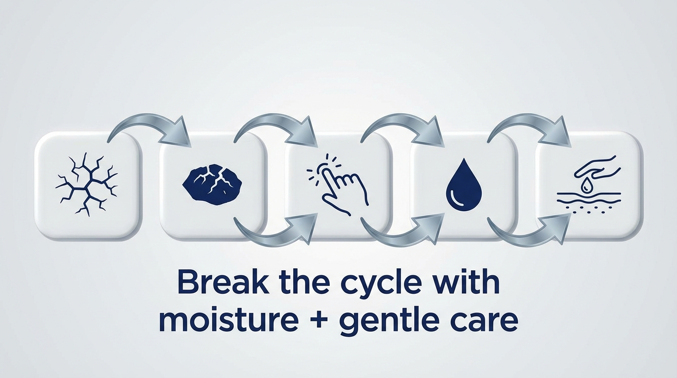 Self-perpetuating cycle: dry to scab to picking/irritation to bleed to moisturize/heal