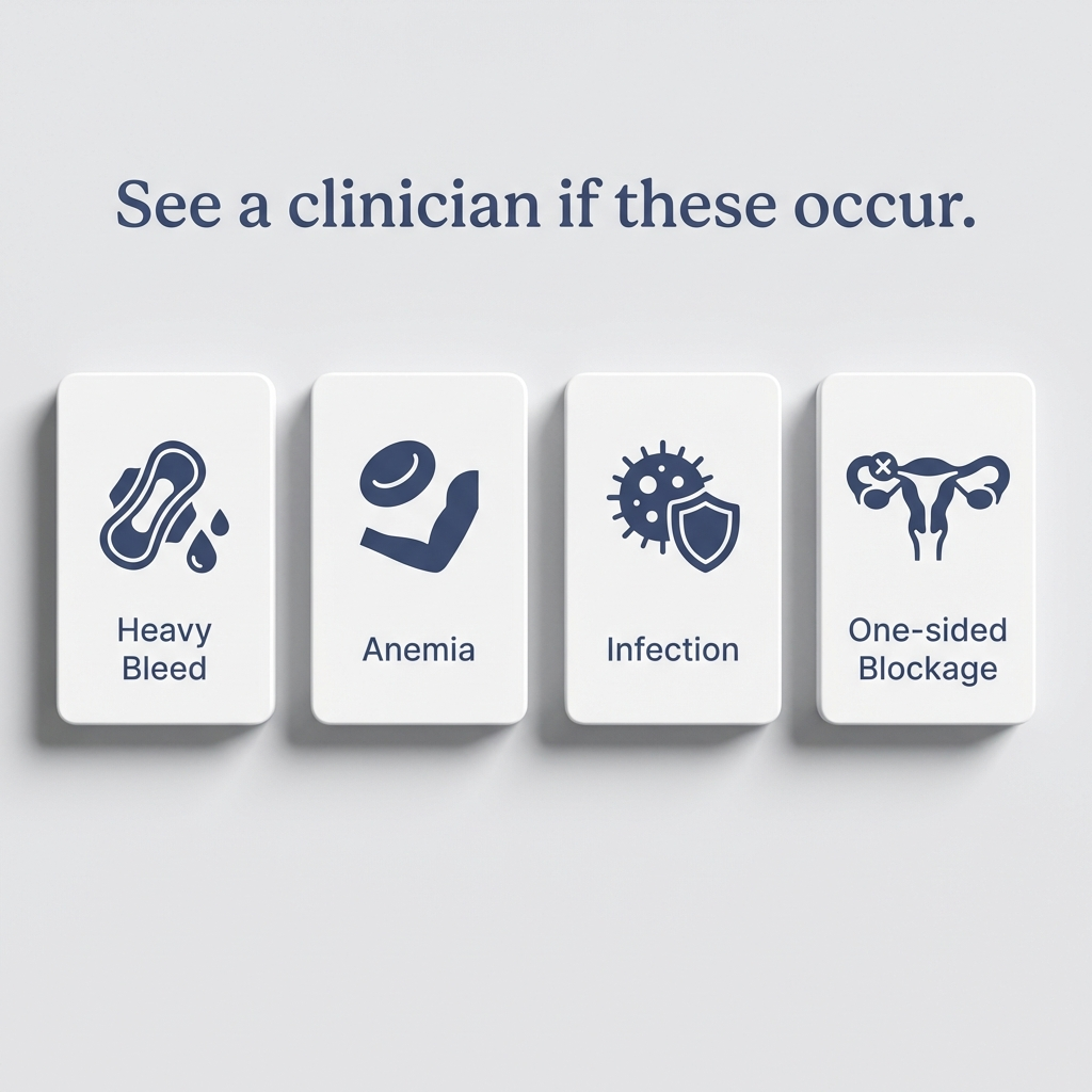 When to seek care: heavy bleed, anemia, infection, one-sided blockage
