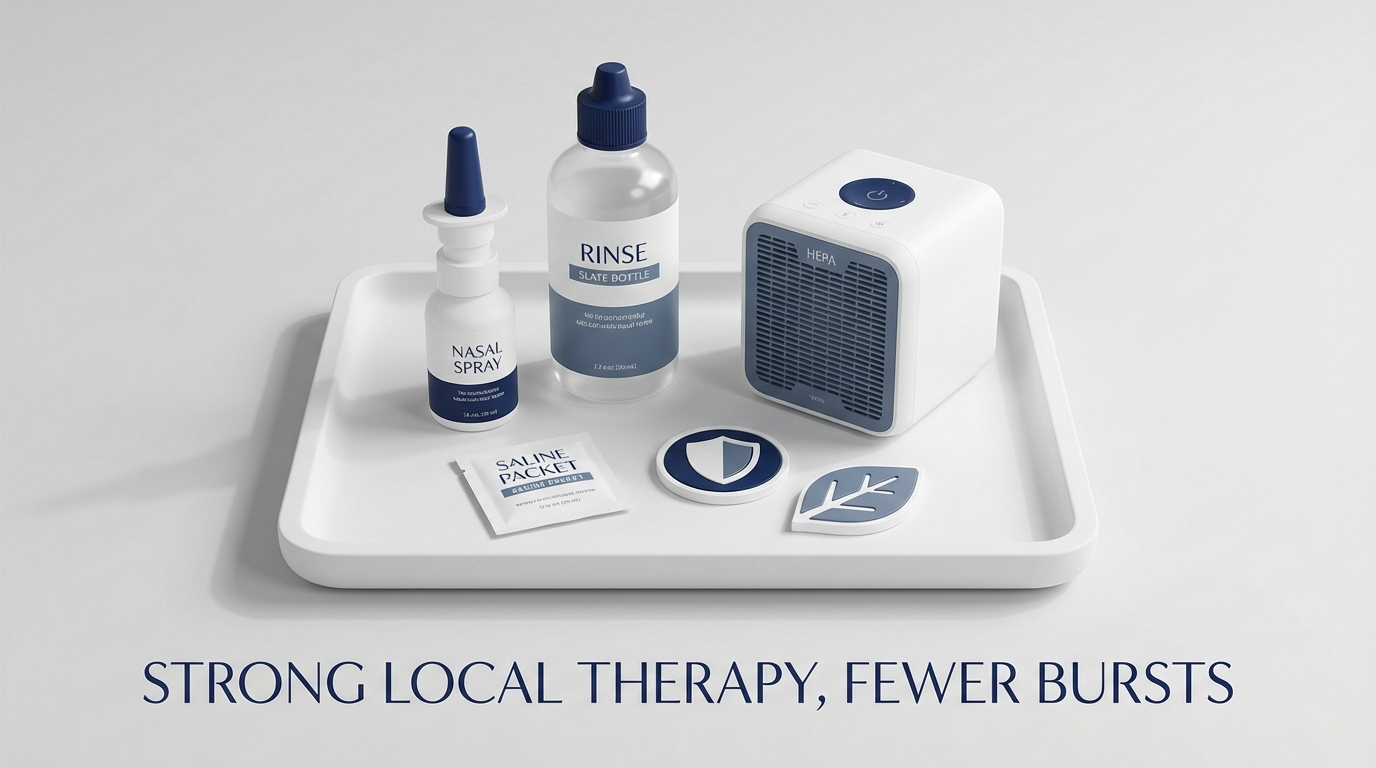 Tray with nasal spray, rinse, saline, HEPA filter, and protection icons: strong local therapy, fewer bursts