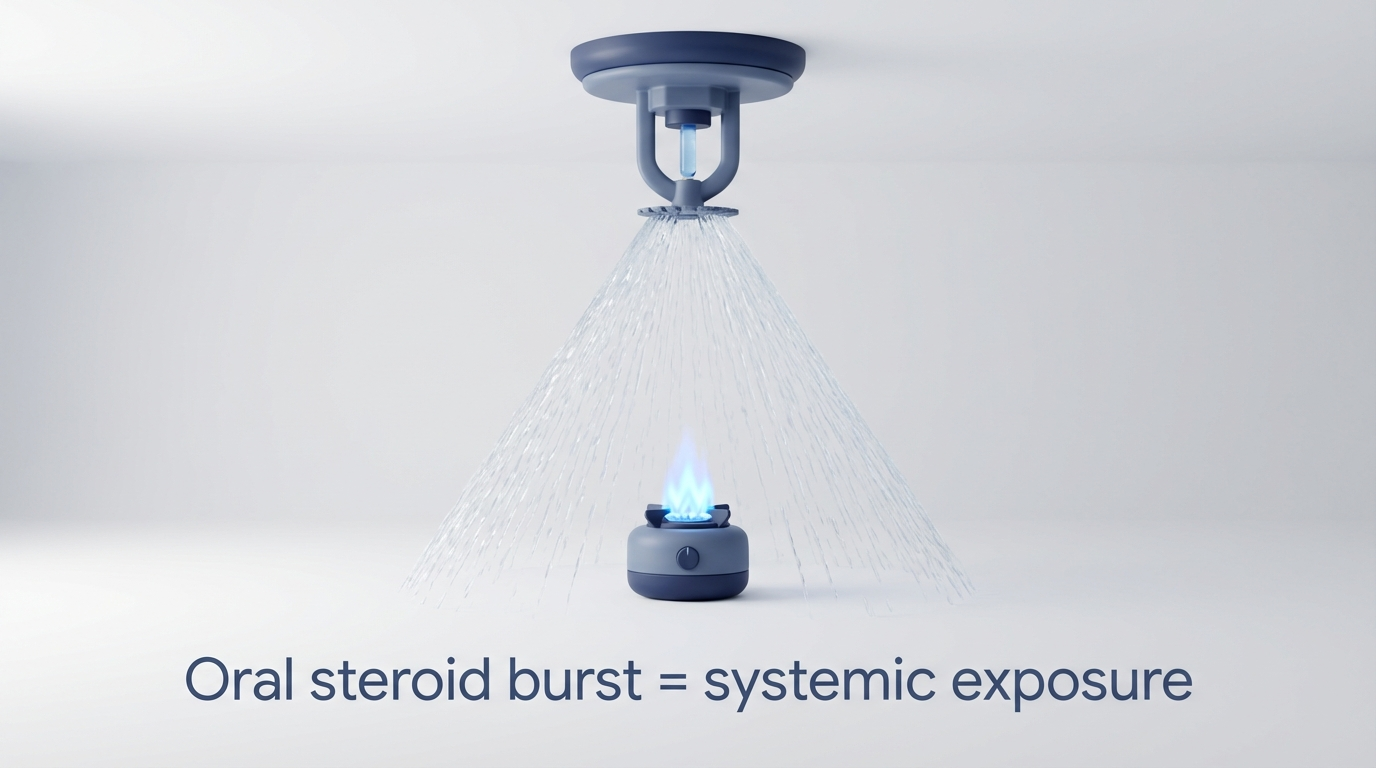 Sprinkler soaking a room to put out a small stove flame, illustrating oral steroid burst = systemic exposure