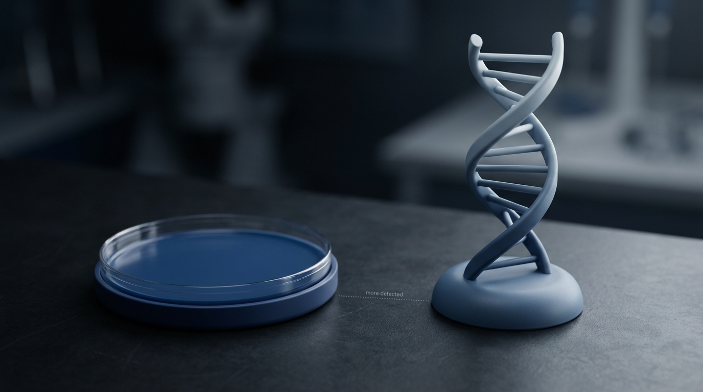 Petri dish versus DNA helix comparison showing increased detection