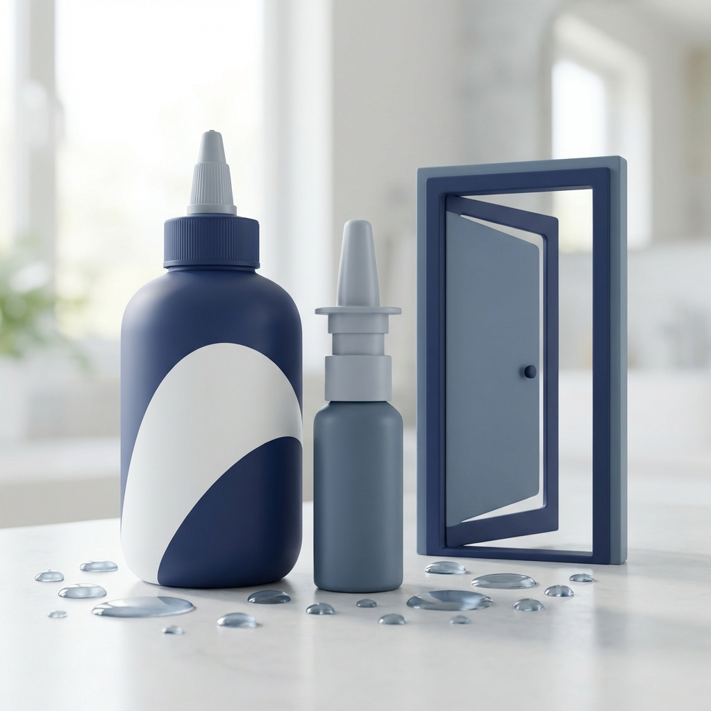 Foundation sinus routine kit: squeeze bottle, nasal spray, doorway icon on clean counter