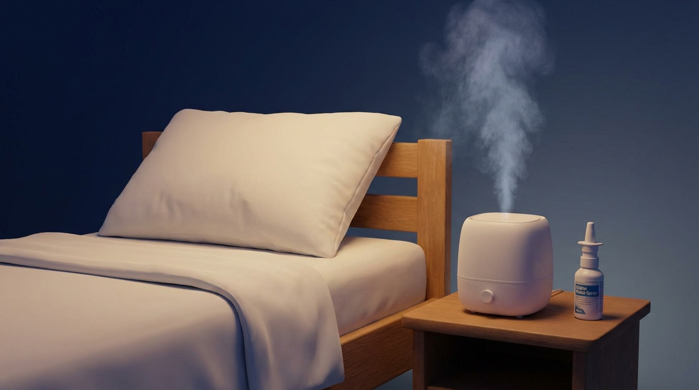 Nighttime setup: elevated pillow, humidifier, saline on nightstand