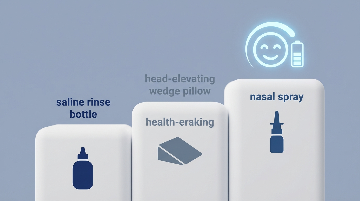 Stepwise relief staircase: saline rinse, wedge pillow, nasal spray leading to brighter face with medium battery