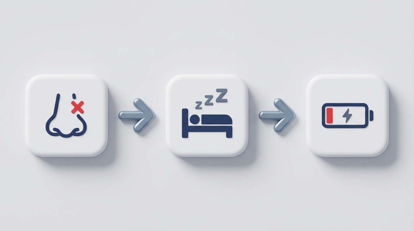 Sinus-sleep-fatigue chain: blocked nose, fragmented sleep, low battery icons linked with arrows