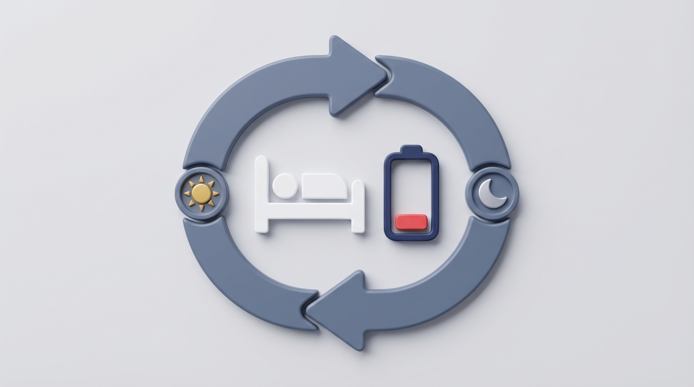 Vicious cycle: bed and low battery inside a looping day-night arrow