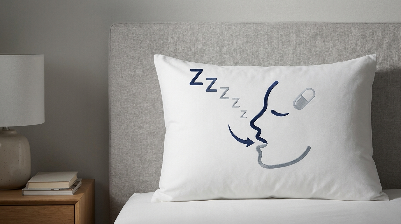 Bedside scene with nose breathing Z’s and mouth-breathing arrow, suggesting sleep disruption