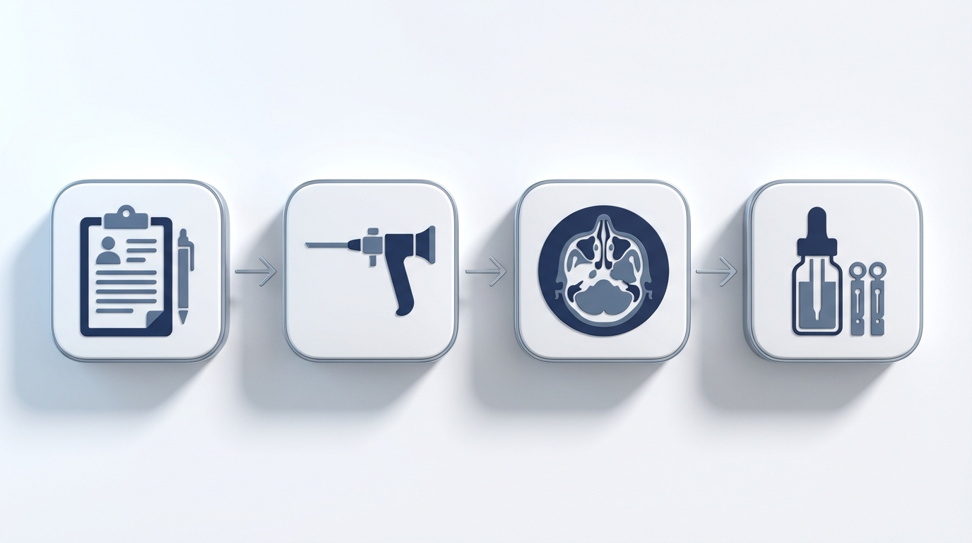 Four-step diagnosis pathway showing history, endoscopy, CT, and allergy testing