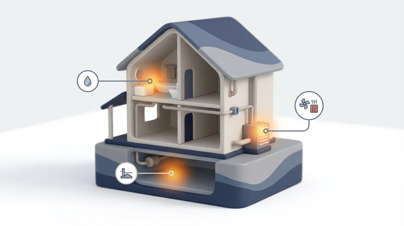 Cutaway house with hotspots in bathroom, basement, crawlspace, and HVAC indicating moisture-prone areas