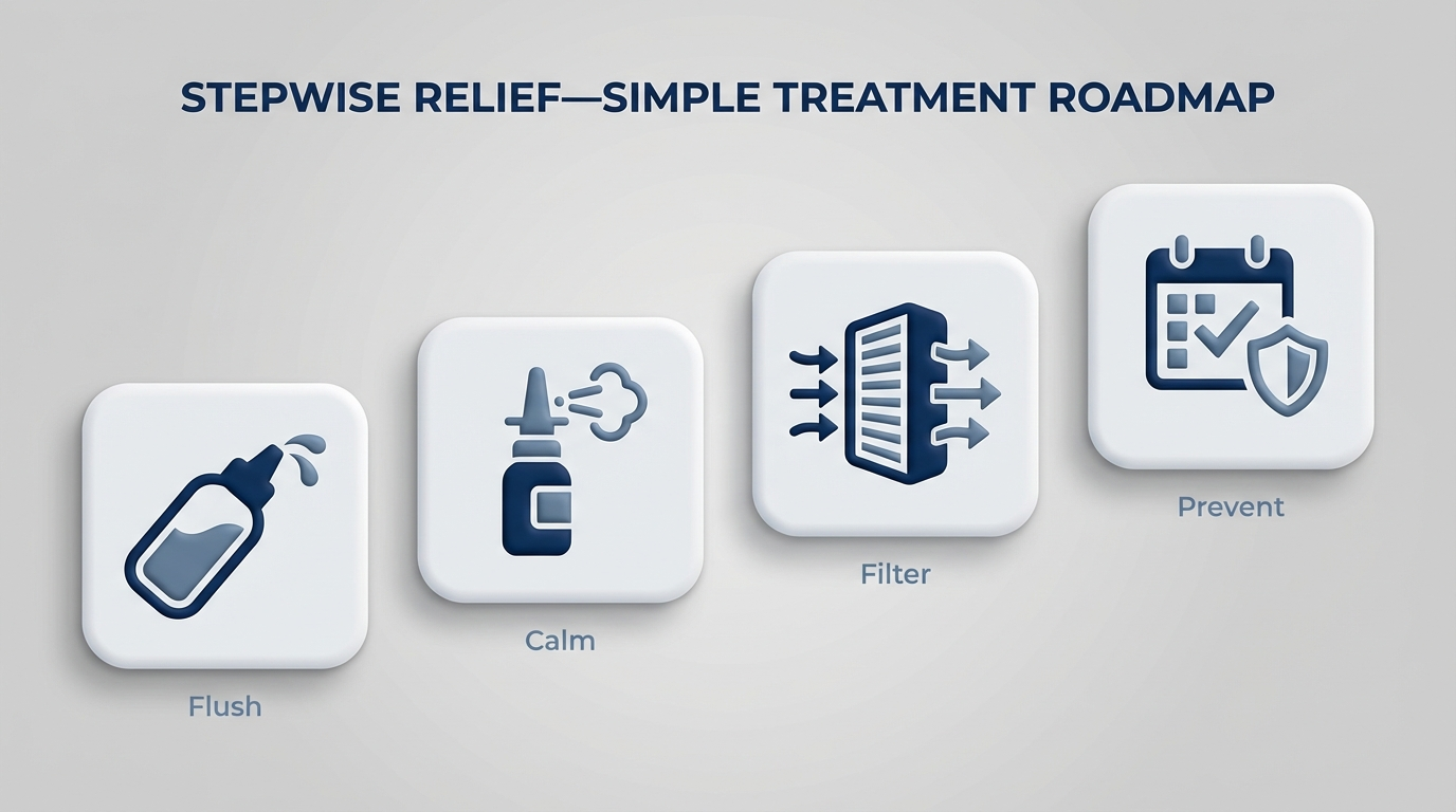 Stepwise sinus relief: flush, calm, filter, prevent