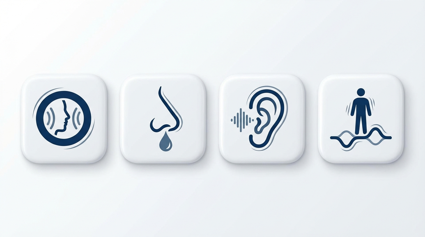 Icons of common sinus symptoms: facial pressure, runny nose, ear fullness, imbalance