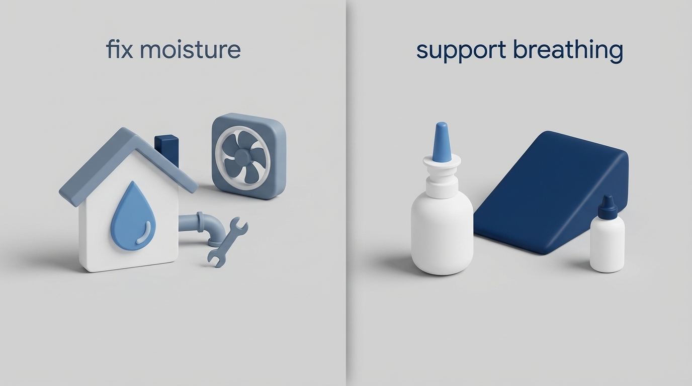 Split view: home moisture fixes on left and nighttime nasal support on right