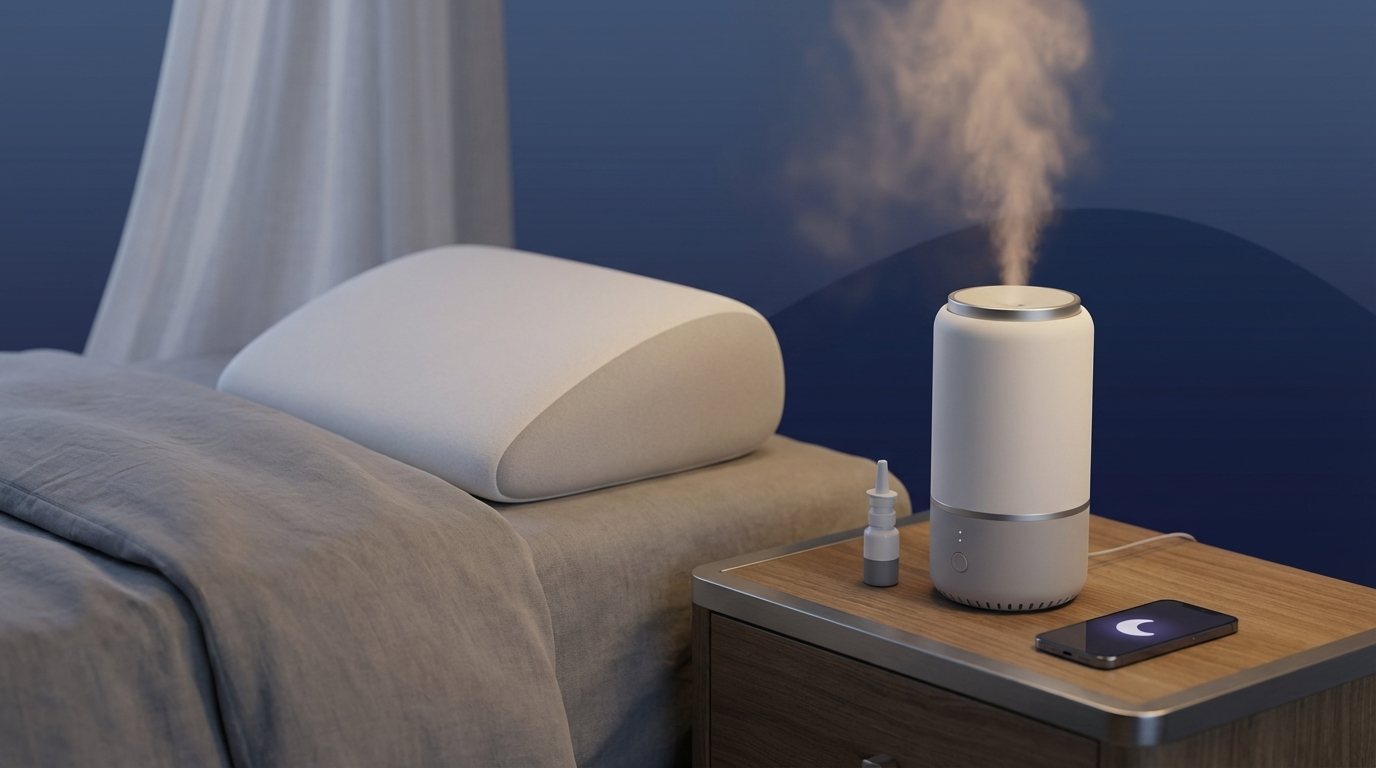 Sleep-first bedside vignette with elevated pillow and humidifier