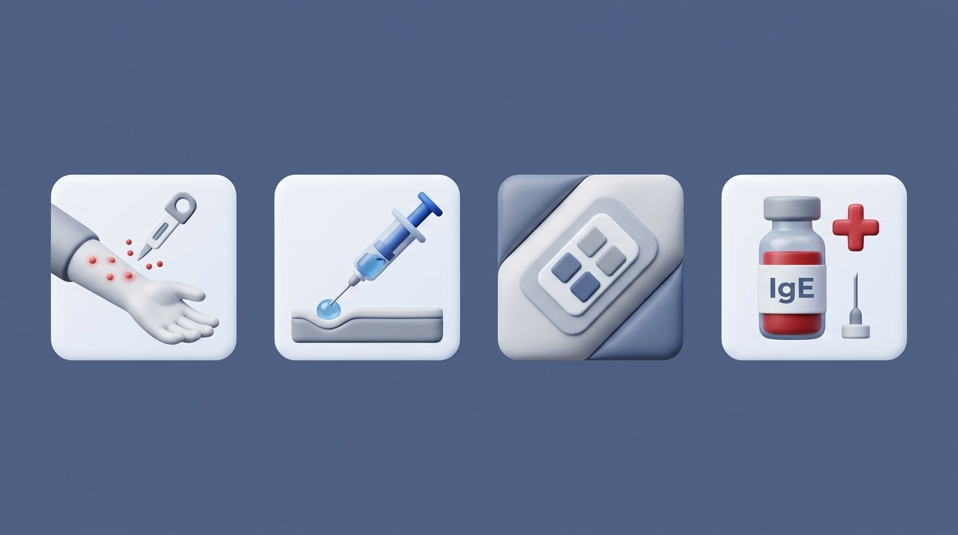 Types of allergy tests: skin prick, intradermal, patch, blood IgE