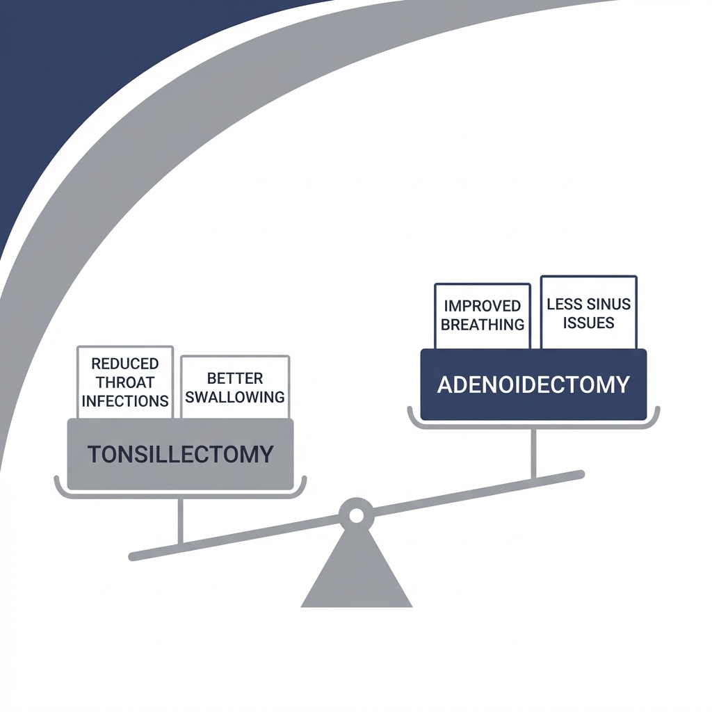 Minimalist balance scale showing which surgery helps which goal for tonsillectomy vs adenoidectomy