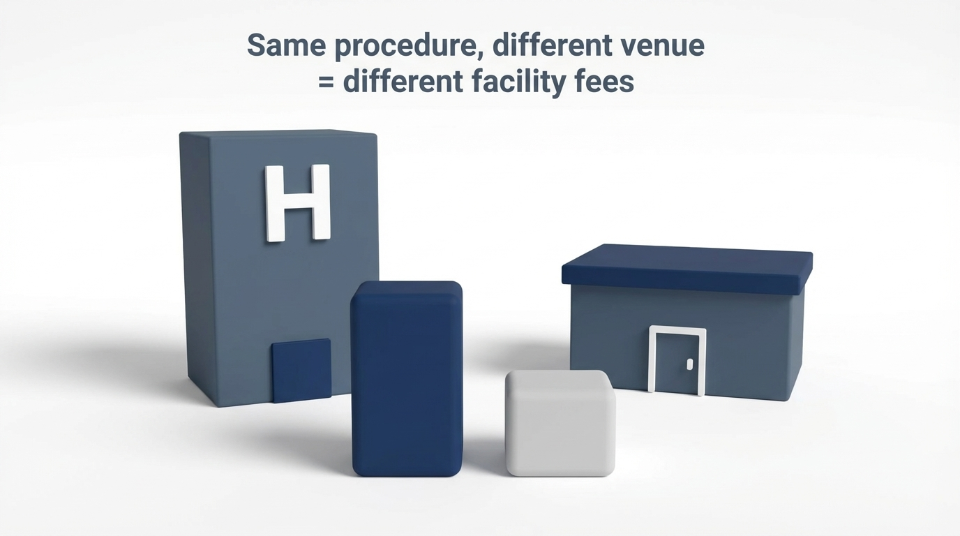 Minimal 3D hospital and surgery center showing different facility fees with bars.