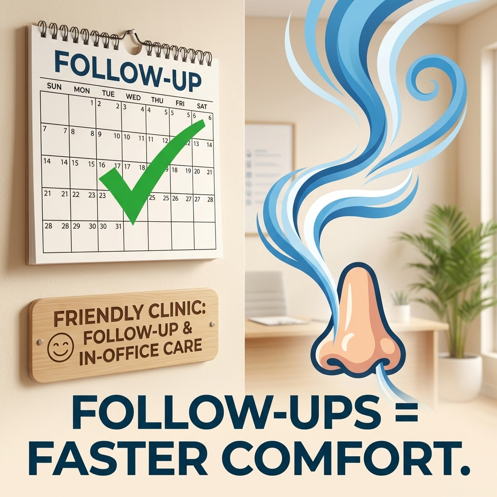 Follow-up care scene with calendar, clinic door, and clearer airflow nose icon