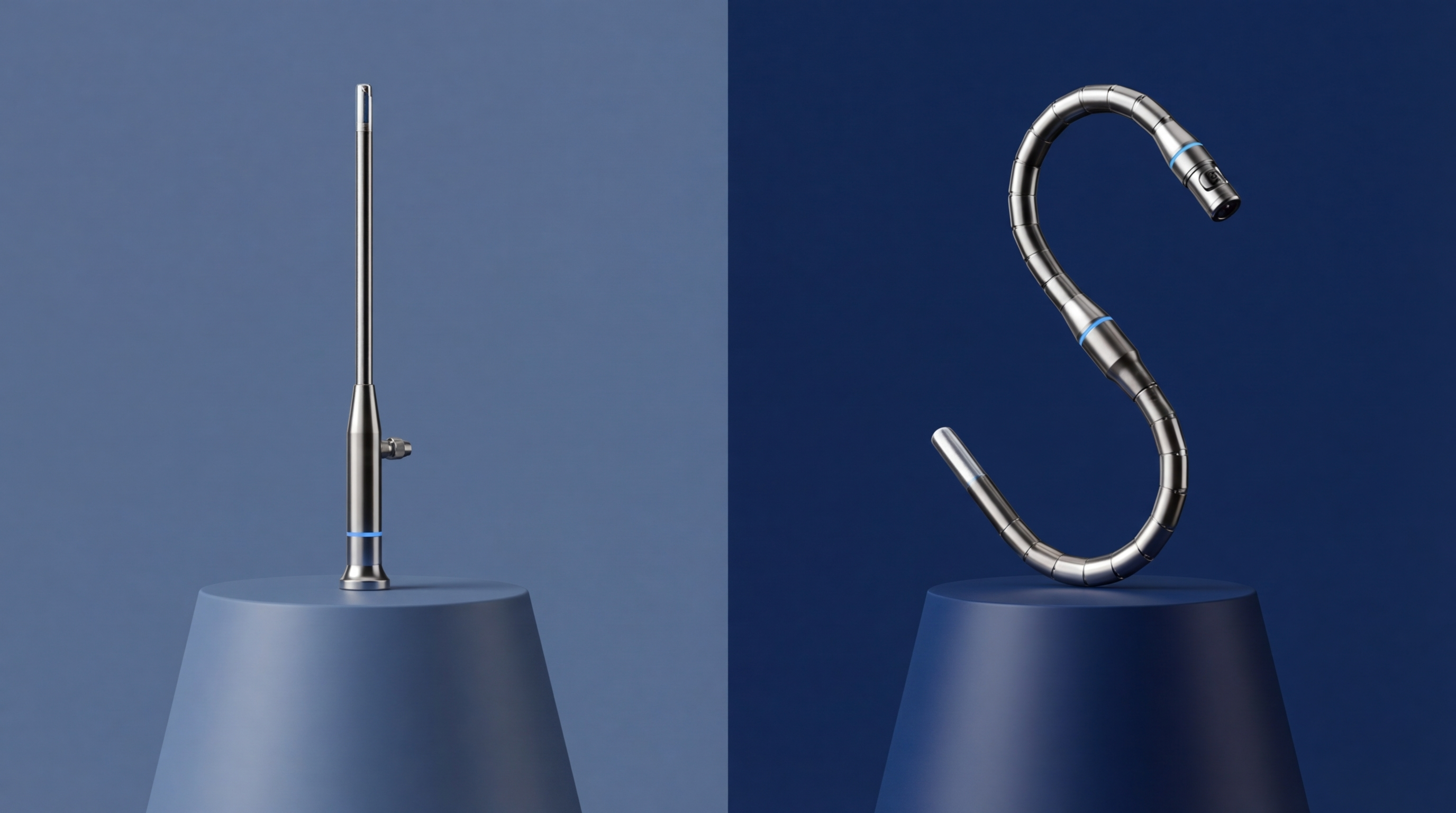 Rigid vs flexible nasal endoscopes presented as elegant product-like objects on minimal pedestals