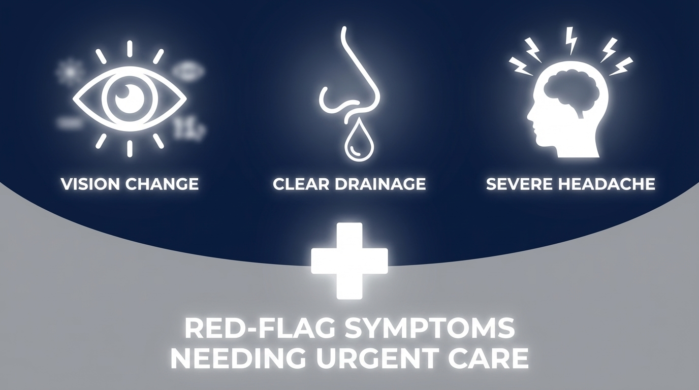 Red-flag symptoms requiring urgent care: vision change, clear drainage, severe headache with emergency cross.