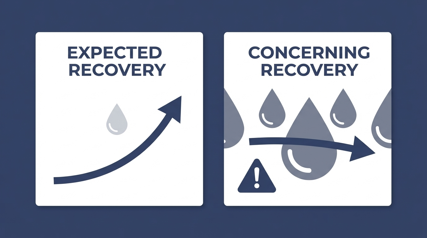 Expected versus concerning recovery trends: light droplet with upward trend versus heavier droplets with flat-to-down trend and a caution icon.